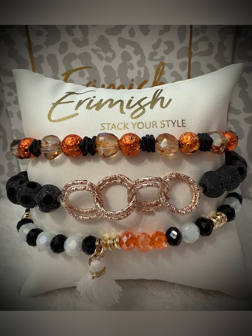 Erimish Orange, Black & Rose Gold Mixed Bead Bracelet Stack